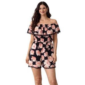 Floral Romper Off Shoulder Ruffle Trim Elastic Waist Summer Black Pink Large